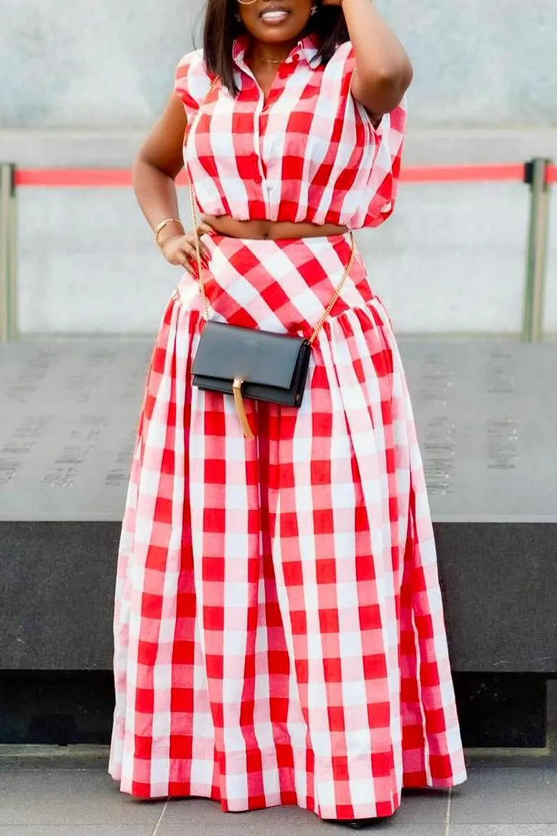 Women's Collar Plaid Top+ Half Skirt Elegant Casual Set