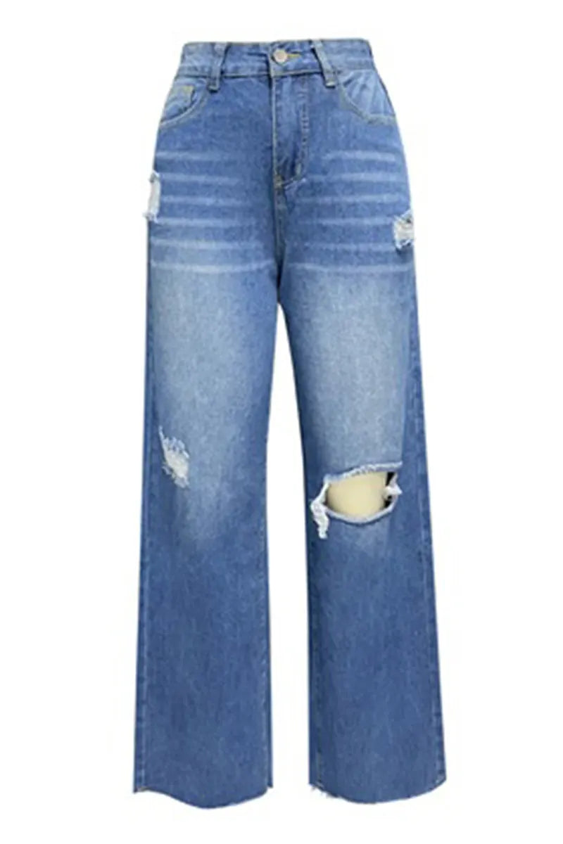 Women's Casual Ripped Washed Raw Wide Leg Jeans