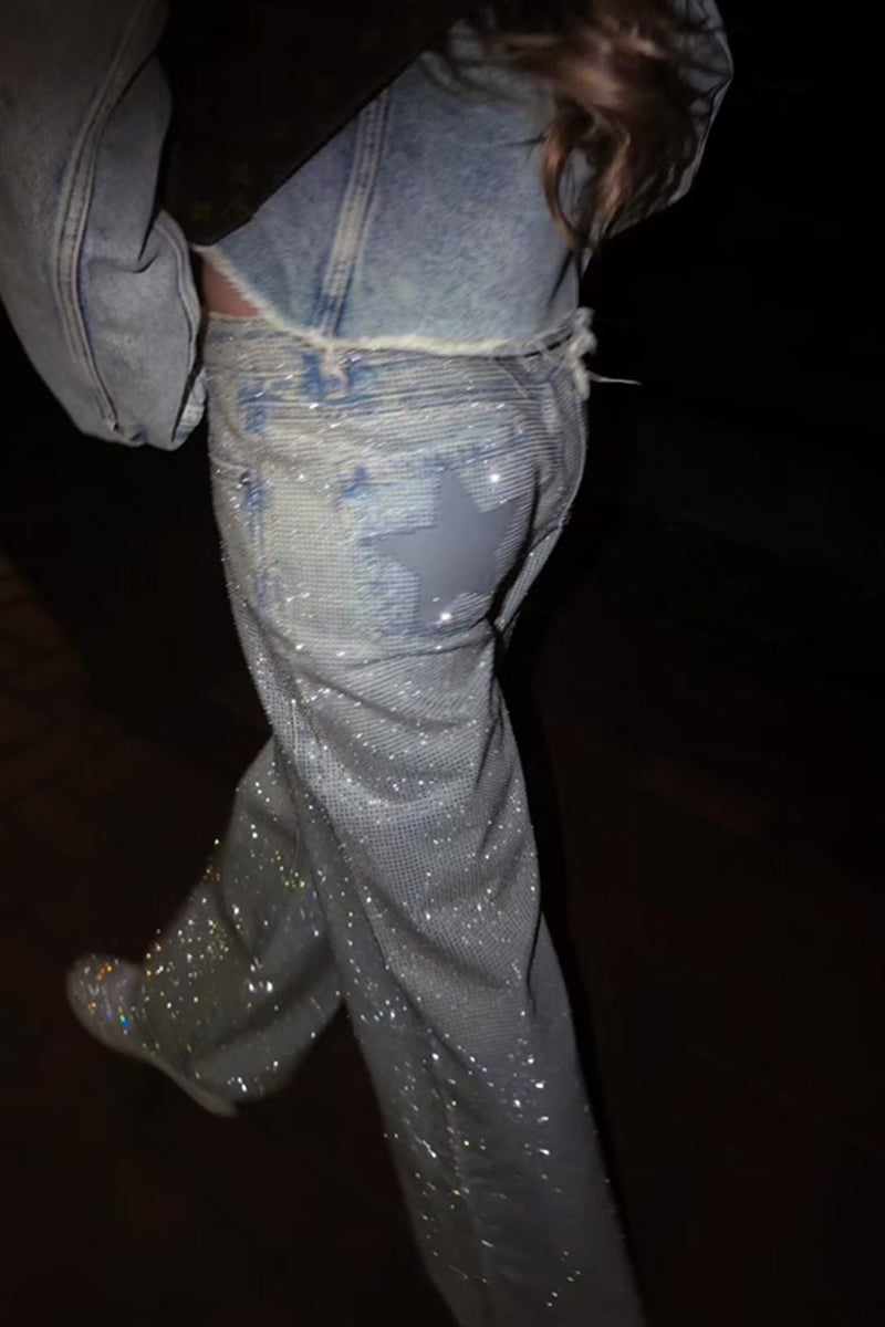 Women's Fashion Sparkling Rhinestone Star Pattern Patch Jeans