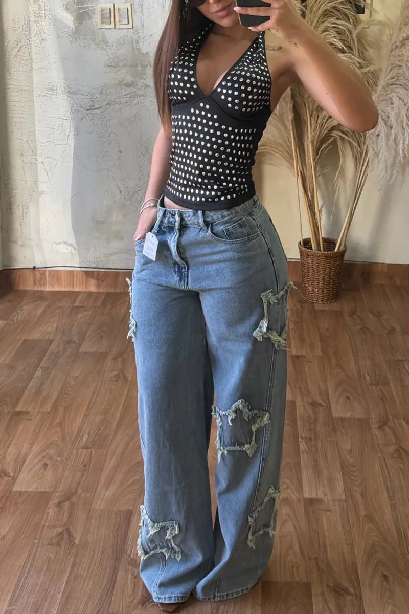 Women's Fashion Metallic Patch Knit Vest & Pattern Washed Jeans