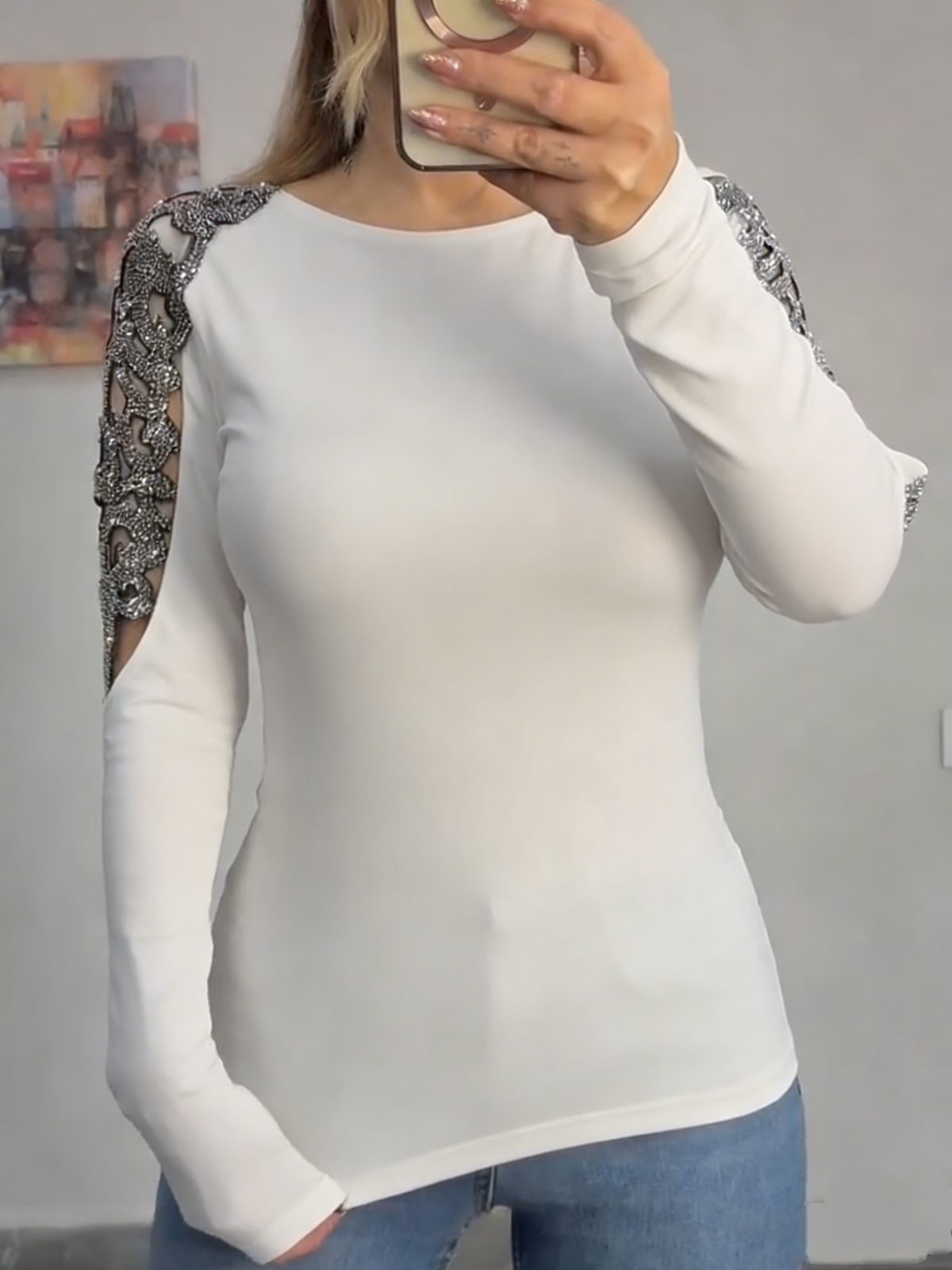 Women Round Neck Sleeves Hollowed Out Hot Stamping Rhinestone Casual Top
