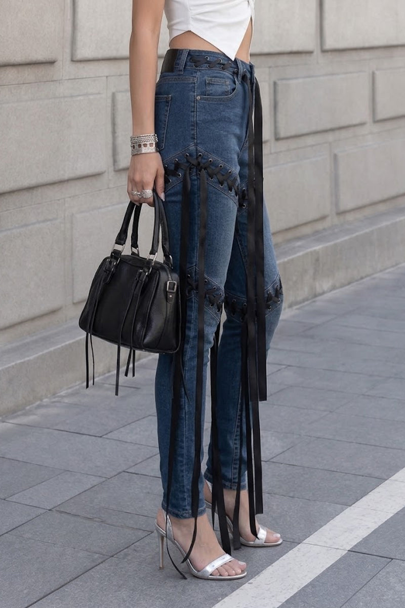 Women's Sexy High Waist Lace Up Ribbon Tie Blue Skinny Jeans
