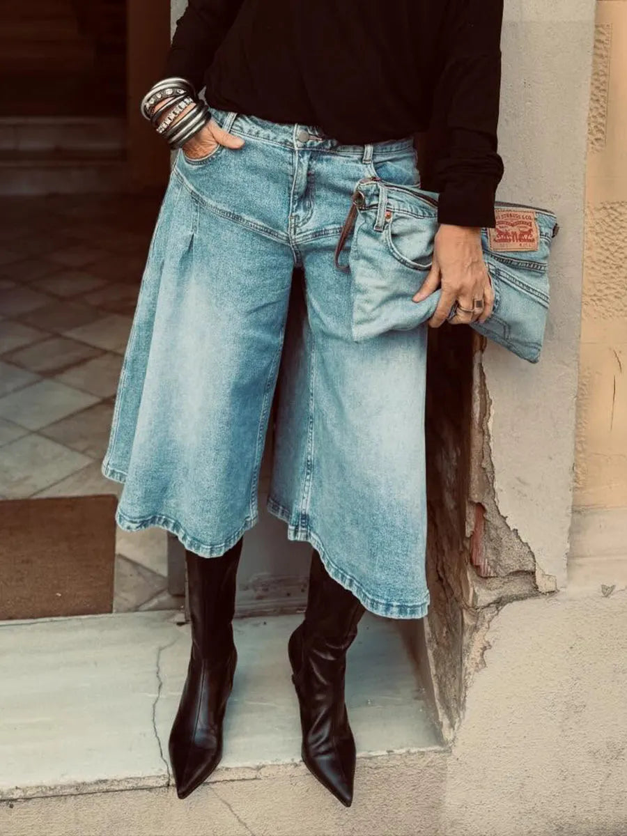 Casual Wide-leg Denim Shorts