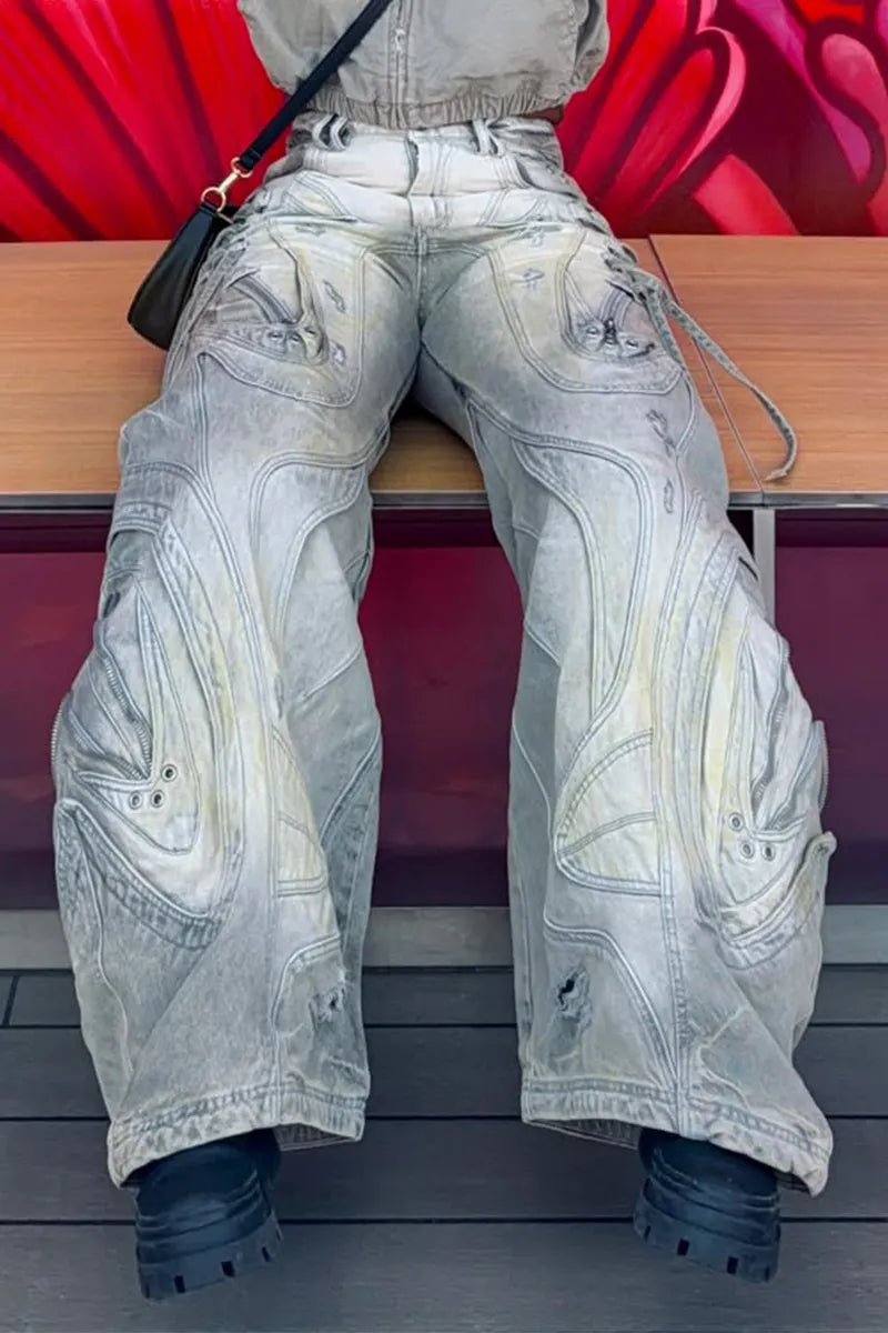 Women Wide-Leg Denim Casual Pants with Heavy-Duty Wash Finish