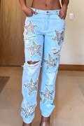Women's Fashion Star Pattern Rhinestone Ripped Jeans