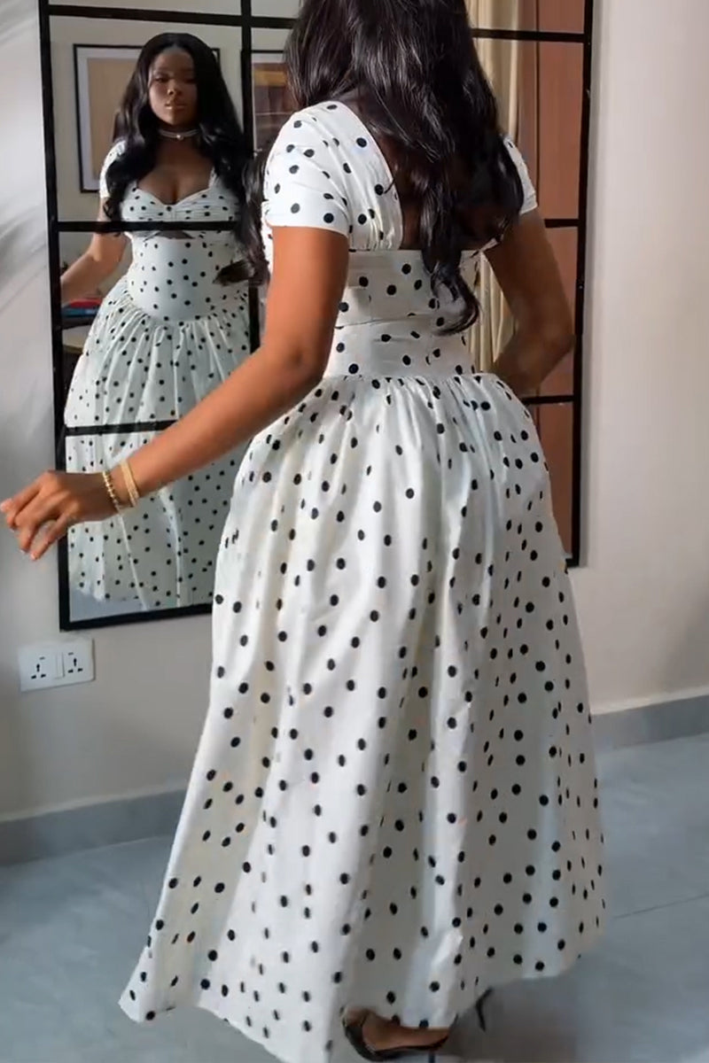 Women's Vacation Waist Cinching Pleated Polka Dot Maxi Dress