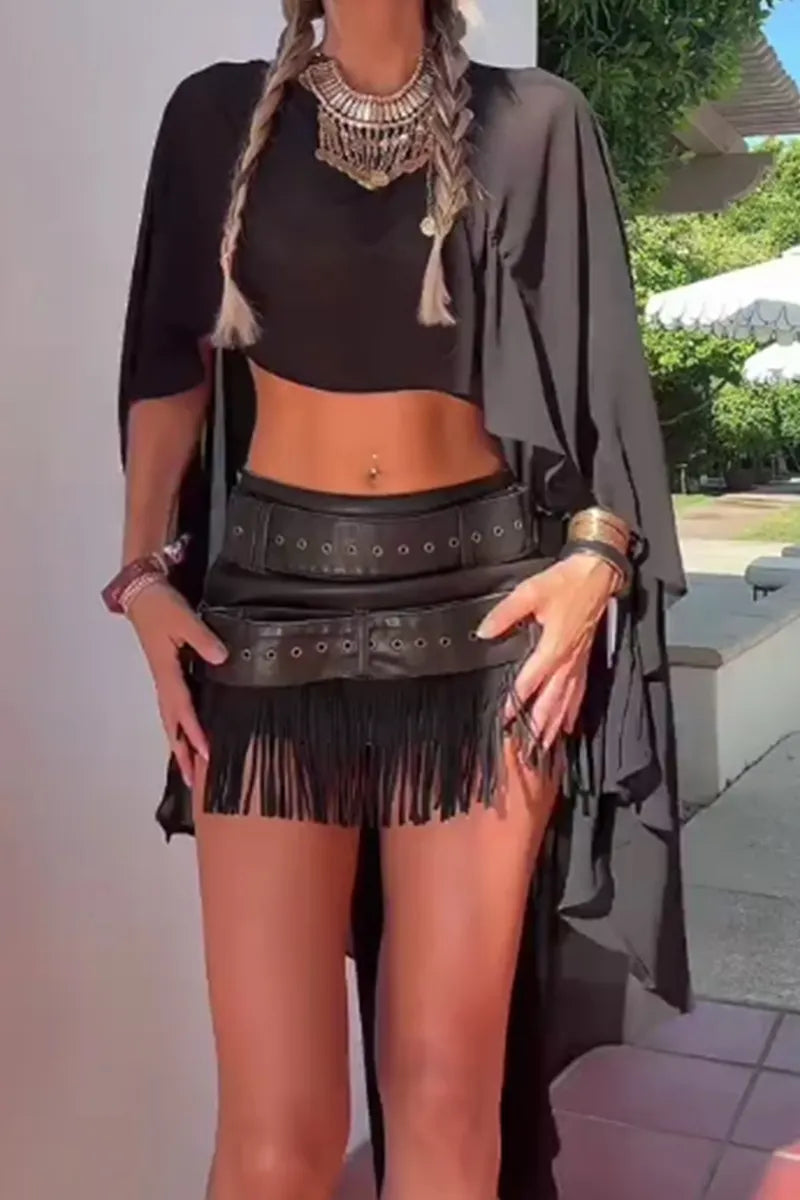 Women's Loose Fitting High Low Hem Flowy Vacation Top Or Shorts With Belt And Tassel Design
