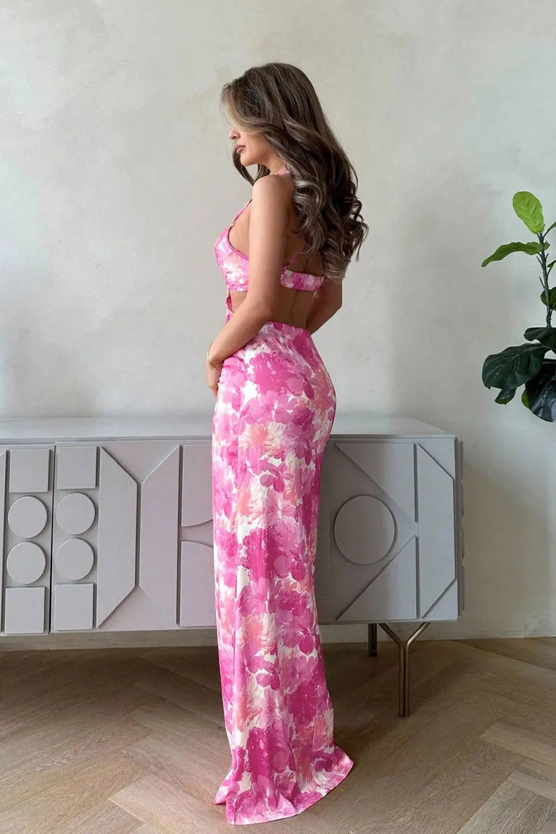 Floral Rendering Print Dress - Halter Neck Open Back Maxi Dress