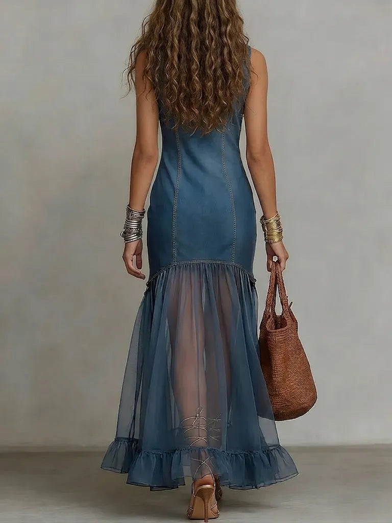 Casual Slim-fit Spliced chiffon & Denim Sleeveless Maxi Dress