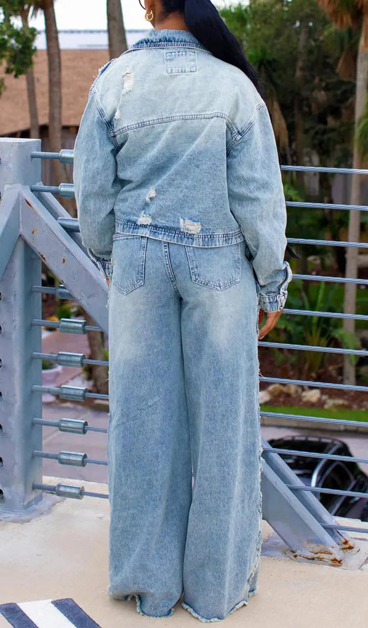 Women Collared Jacket + Pants Casual Denim Set