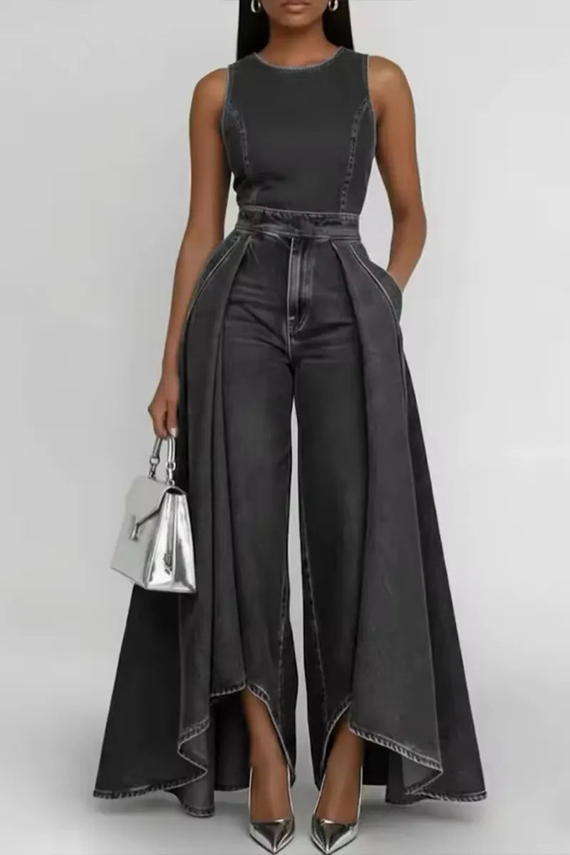 Women's Elegant Vintage Pleated High Low Hem Jeans