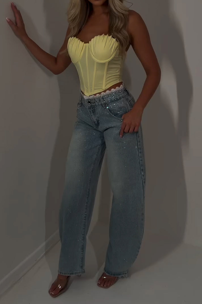 Women's Washed and Spliced Rhinestone Casual Jeans