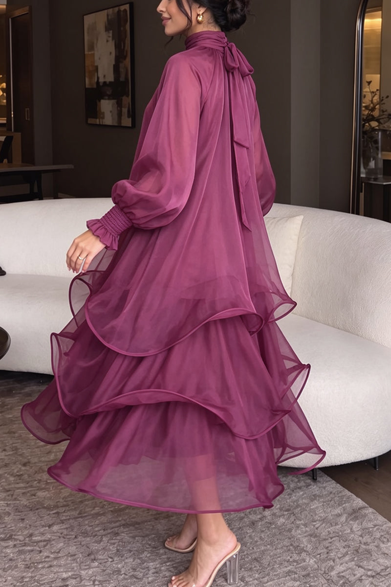 Women's Elegant High Neck Balloon Sleeve Tiered Ruffle Plum Midi Dress