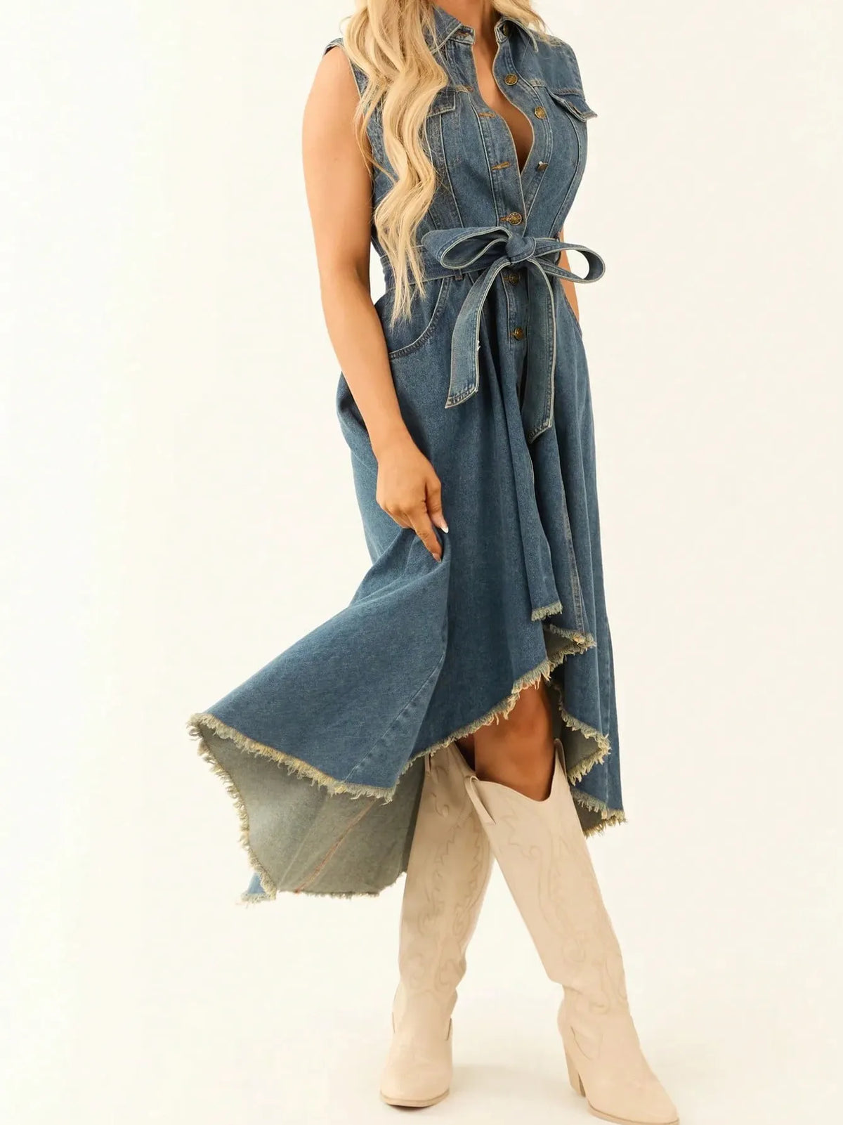 Edgy Irregular Raw Hem Sleeveless Denim Midi Dress
