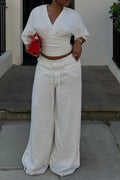 Women V-neck Fitted Top + Drawstring Wide-leg Pants Casual Set