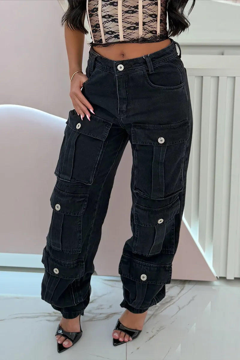 Women's Casual Multi-Pocket Elastic Cuff Cargo Jeans