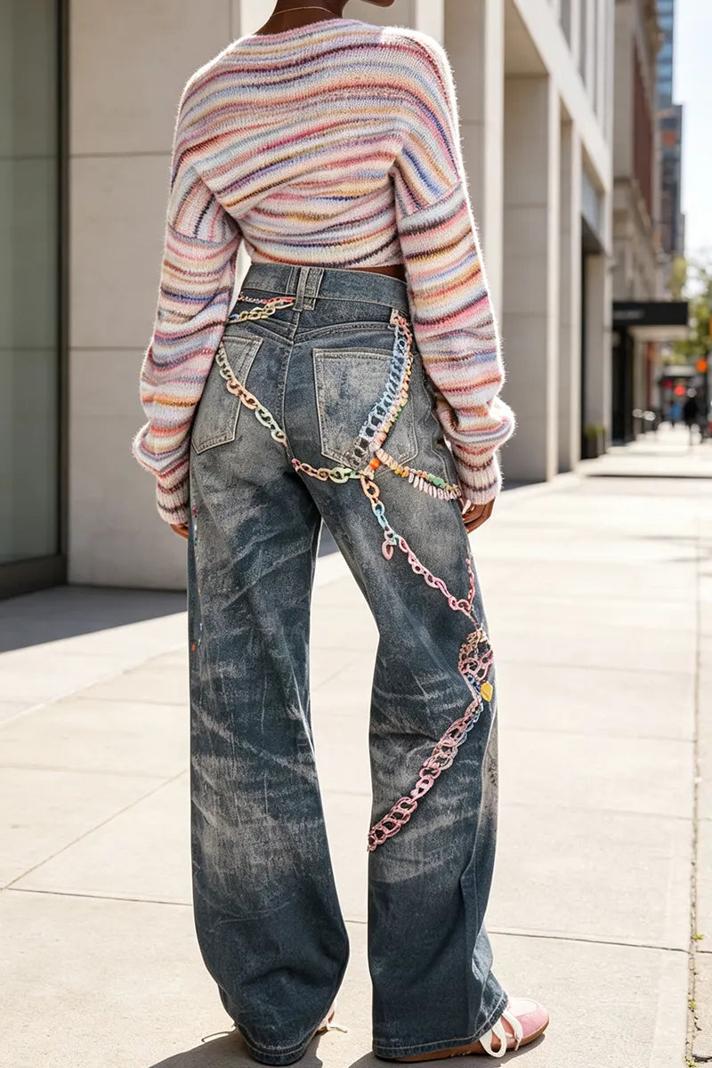 Women's Printed Washed Casual Wide Leg Jeans
