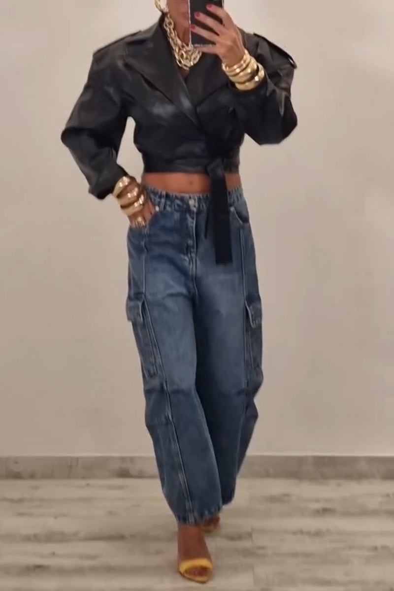 Women's Fashion Lapel Cropped Leather Jacket or Wide Leg Jeans