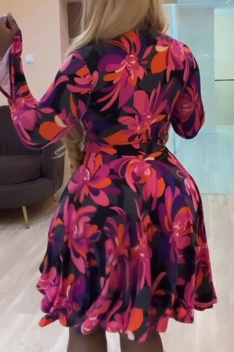 Women V-neck Printed Top + Half Skirt Vacation Casual Style Set