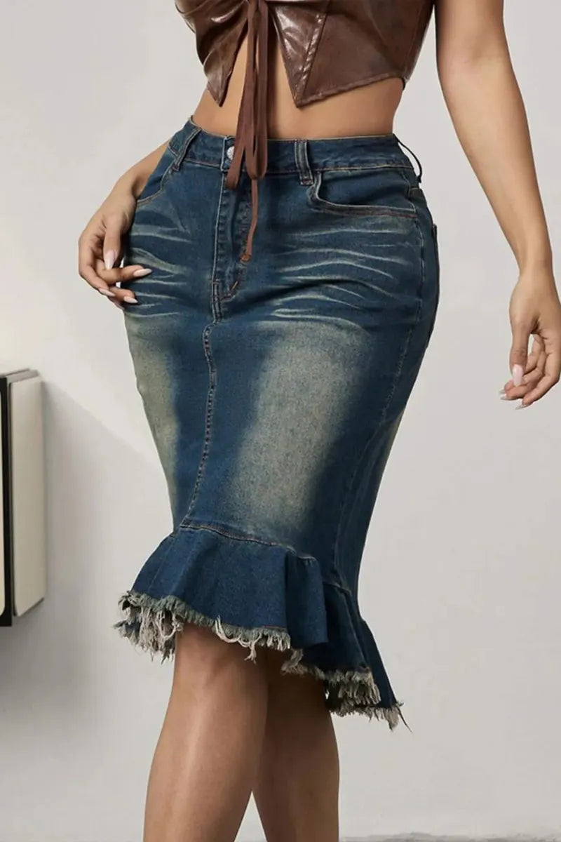 Women Dark Blue Gradient Wash High Waist Raw Fray Ruffle Hem Bodycon Mermaid Denim Midi Skirt