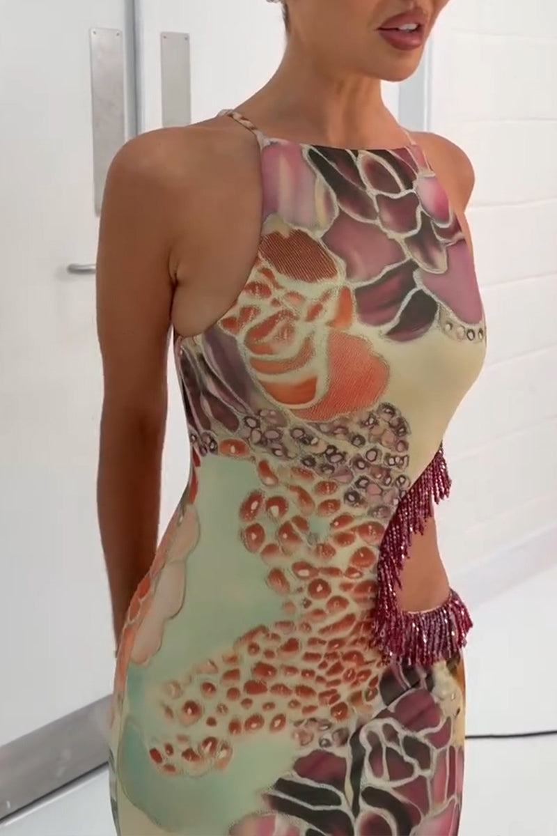 Women's Elegant Printed Waist Hollow Tassel Maxi Dresses