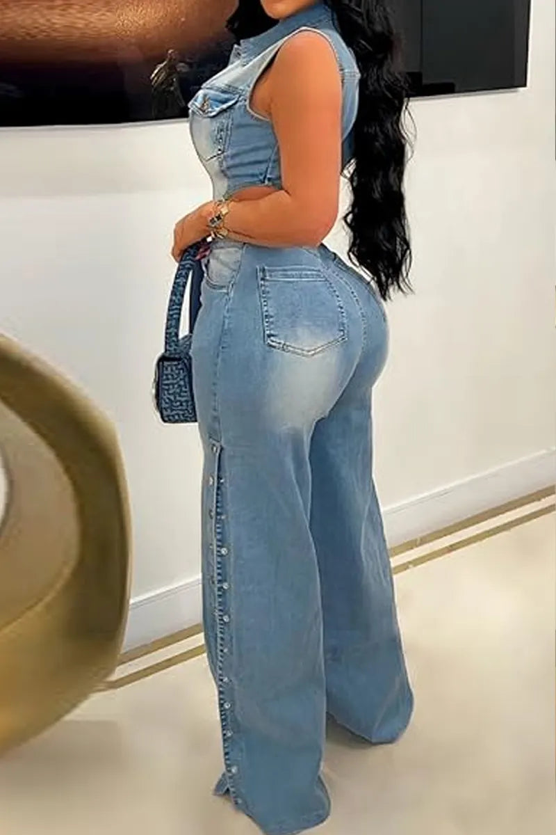 Hot Selling Women's Sexy Off Shoulder Denim Workwear Jumpsuit Wide Leg Jeans Jumpsuit