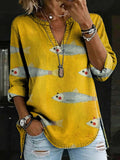Women's Yellow Fish Art Print Denim V-neck Henley Long-sleeved Shirt