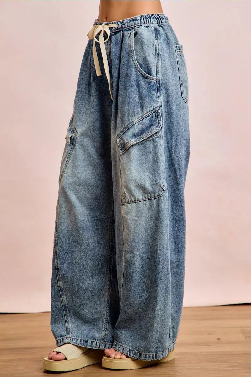 Women's Casual Wide Leg Drawstring Jeans With Multiple Pockets