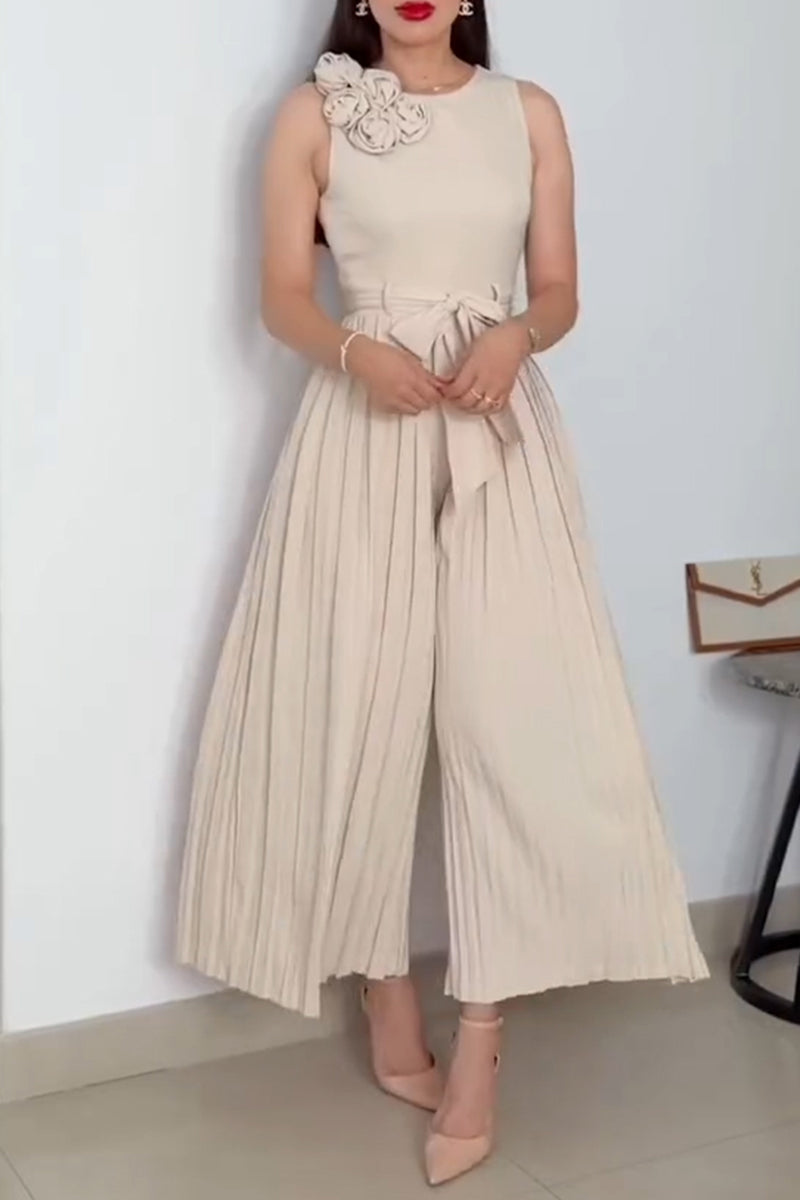 Women's Casual Flower Decoration Pleated Wide Leg Long Jumpsuit