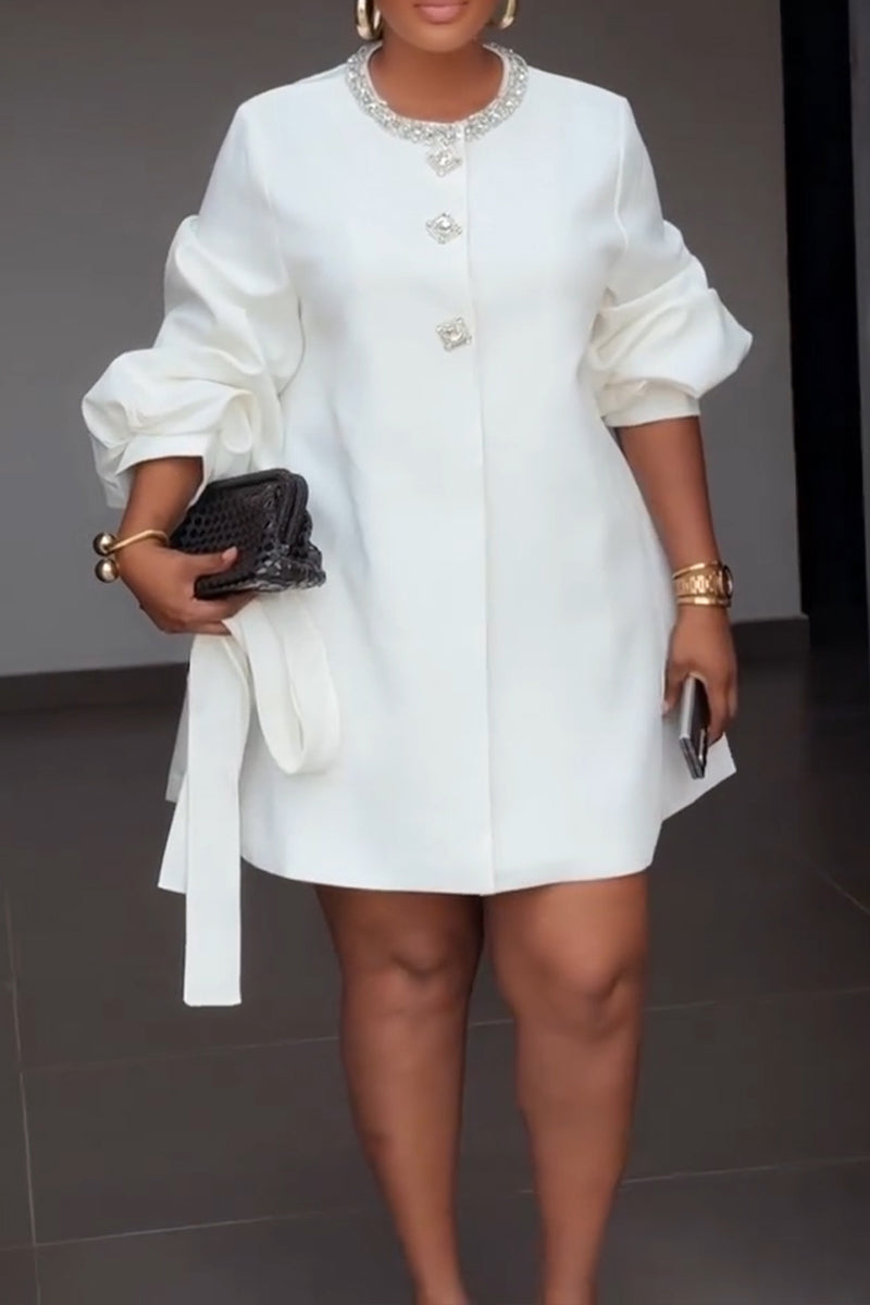 Women's Elegant Rhinestone Decoration Puff Sleeve Mini Dress