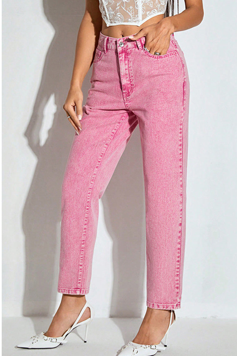 Women's Pink High-Waisted Straight-Leg Jeans