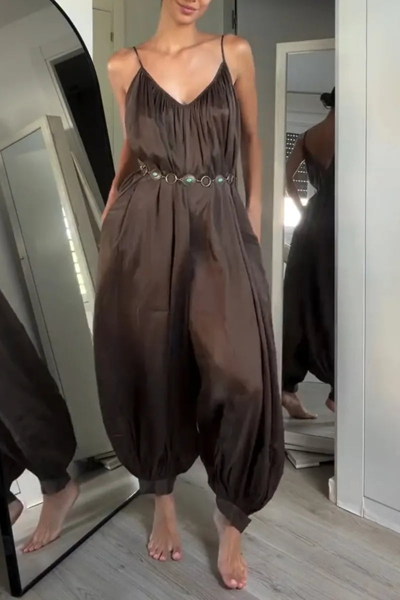 Women's Casual Wide Leg Data Loose Strappy Jumpsuit