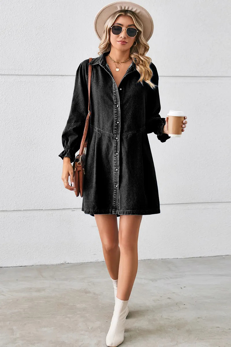 Casual Puff Sleeve Loose Fit Washed Denim Dress