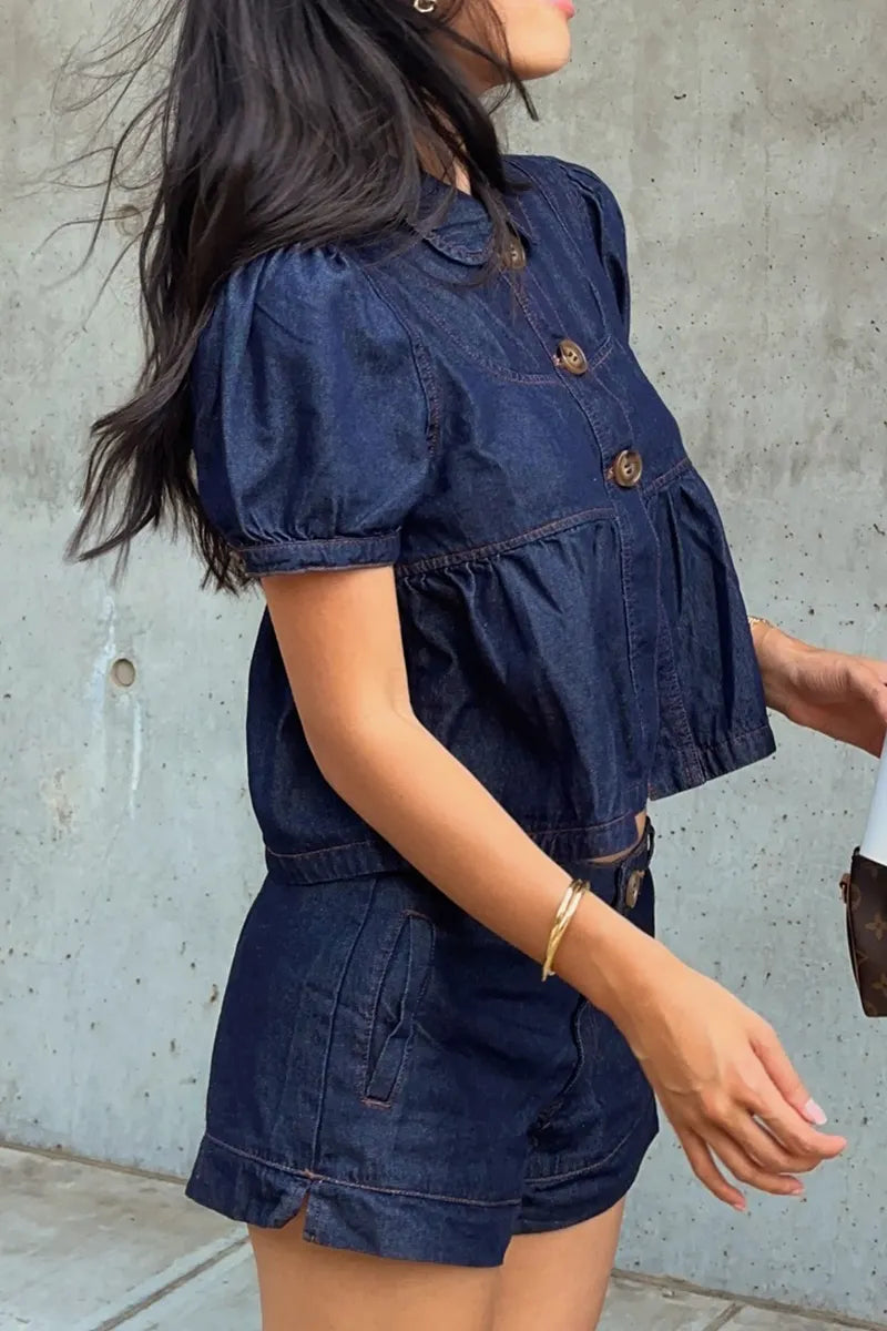 Women's Casual Button Front Denim Top With Puff Sleeves Or Denim Shorts