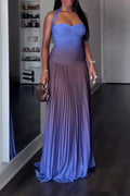 Women Neck Hanging Slim Fitting Gradient Patchwork Pleated Elegant Temperament Dress