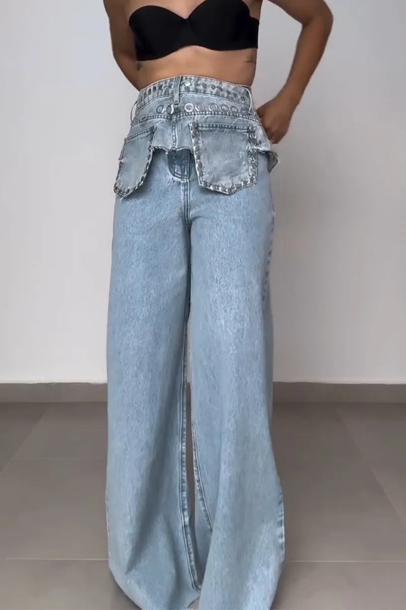 Women's Casual Wide Leg Jeans + Studded Waistband