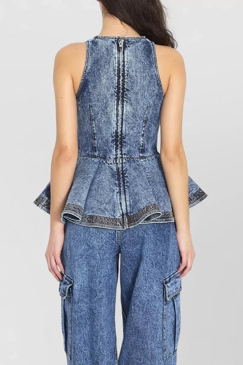 Ladies' Casual Denim Ruffled Top And Workwear Jeans