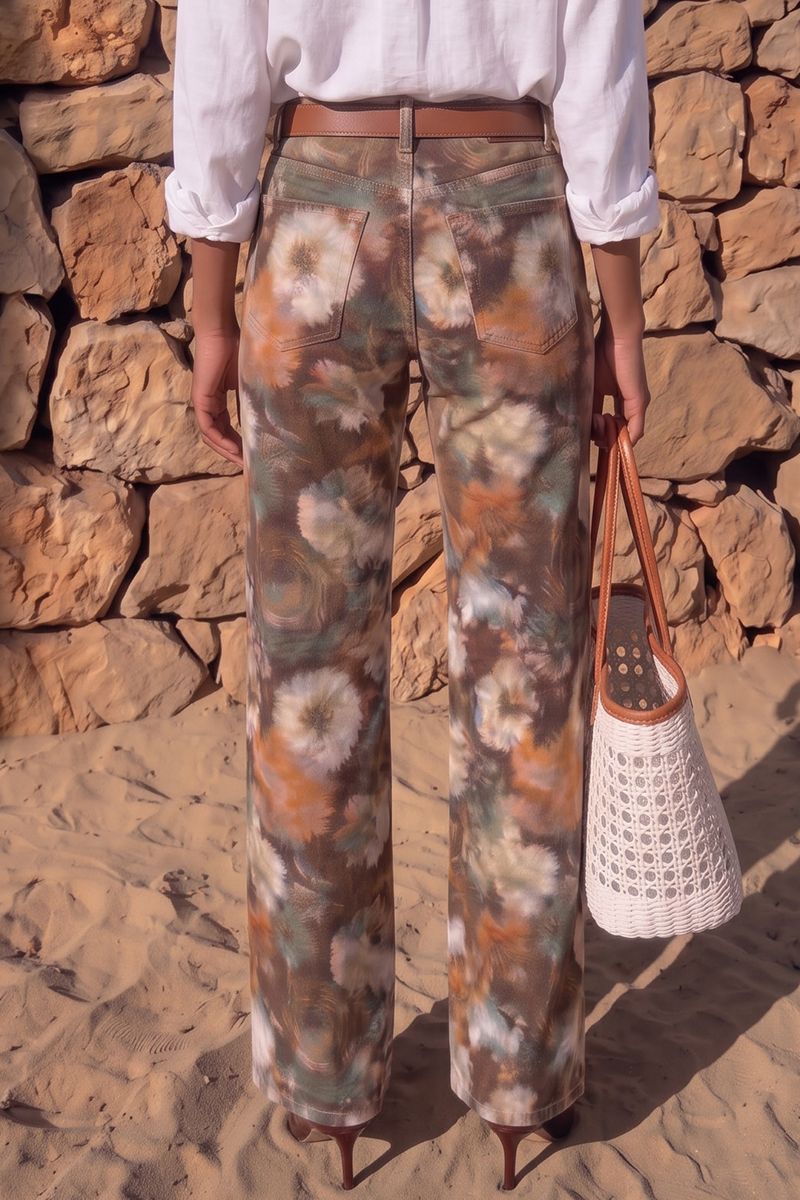 Women's Vintage Brown Floral Print Straight Leg Jeans High Rise Artistic Casual Denim Pants