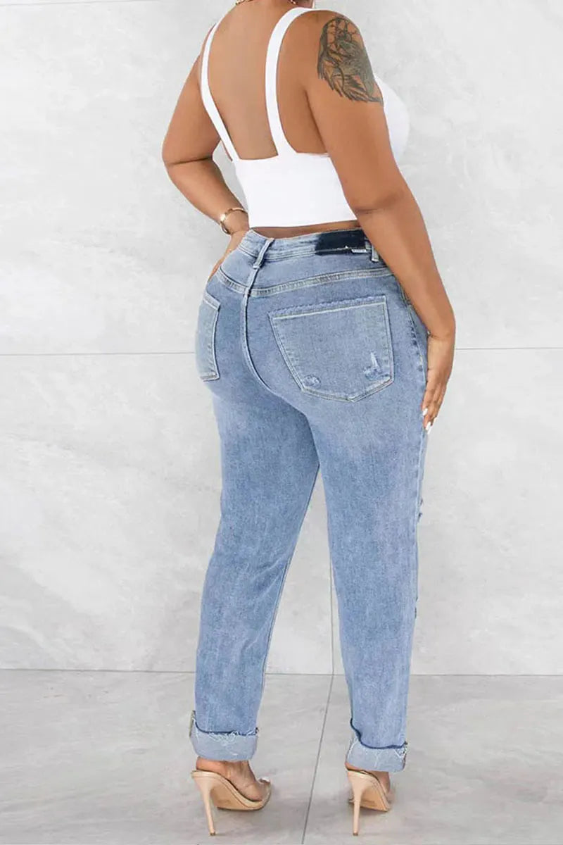 Women's Crossover Waist Ripped Straight Leg Jeans