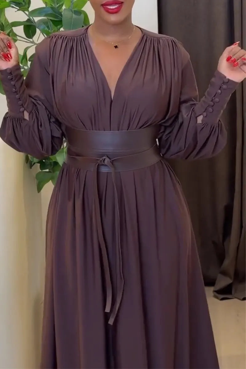 Women V-neck Waist Cinched Elegant Temperament Dress