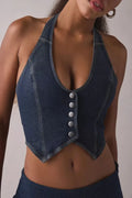 Ladies' Button-Down Halter Denim Vest & Low-Rise Mini Skirt