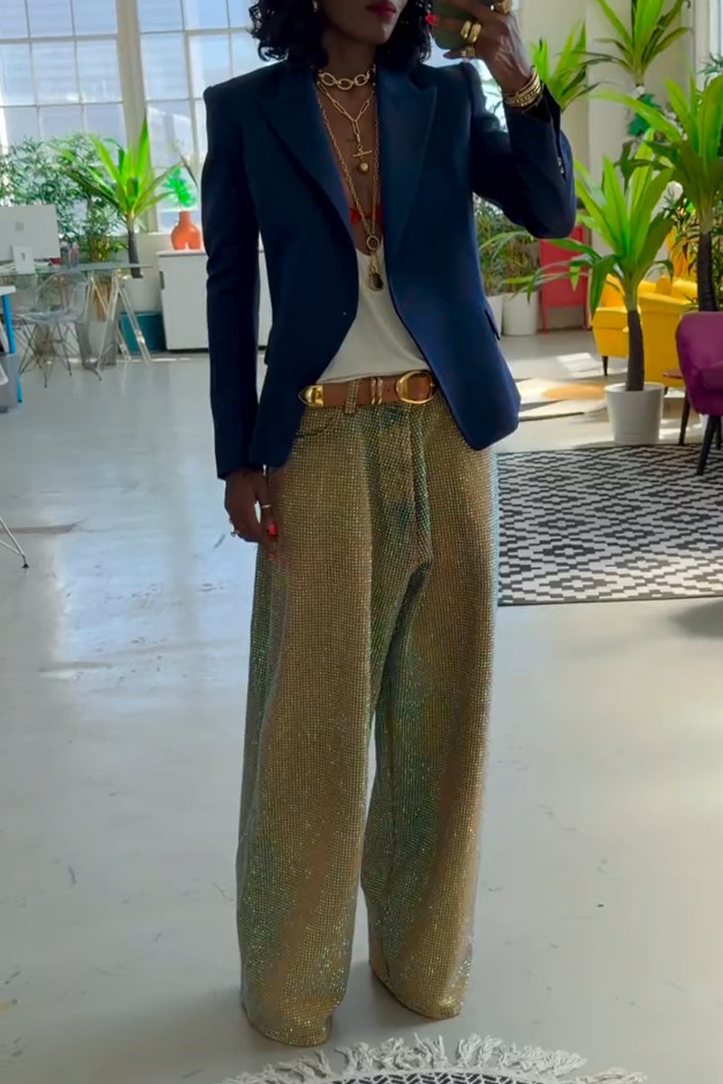 Women's Collar Solid Color Jacket or Full Diamond Shiny Pants