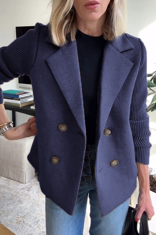 Women's Lapel Button Knitted Patchwork Sleeve Casual Coat