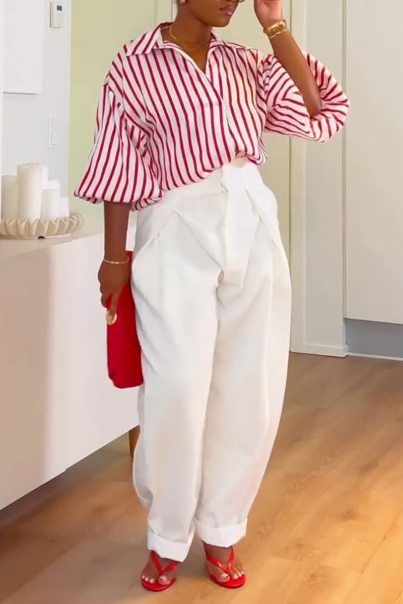 Women's Temperament Casual Collar Vertical Stripe Shirt or Solid Color Pants