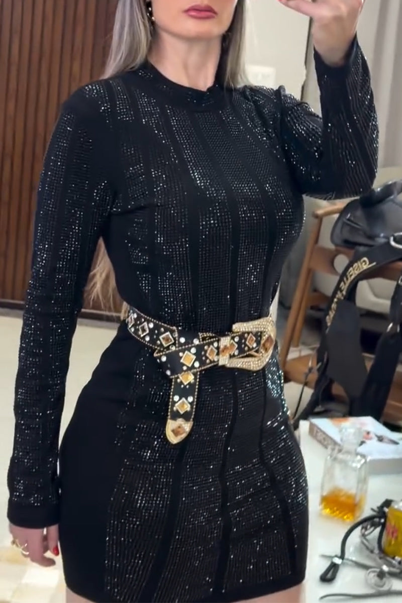 Women's Round Neck Rhinestone Slim Fit Elegant and Sexy Dress