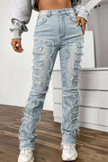 Women's Street Style Distressed Raw Hem Layered Patchwork Jeans