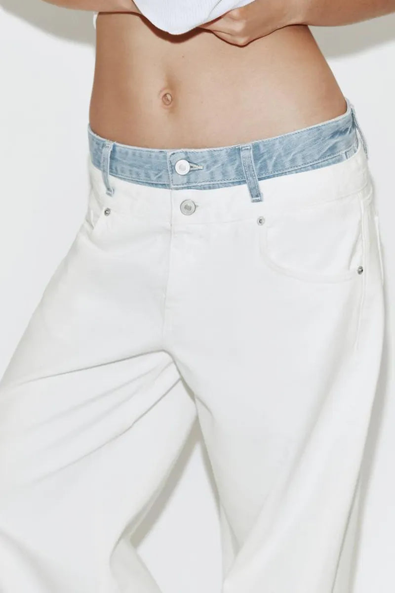 Women's Casual Color Blocked Wide Leg Jeans With Pockets