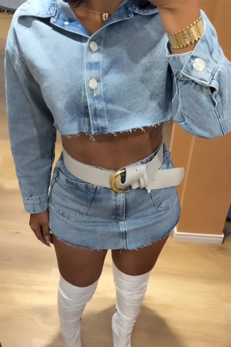 Women Casual Collar Short Denim Top or Denim Skirt
