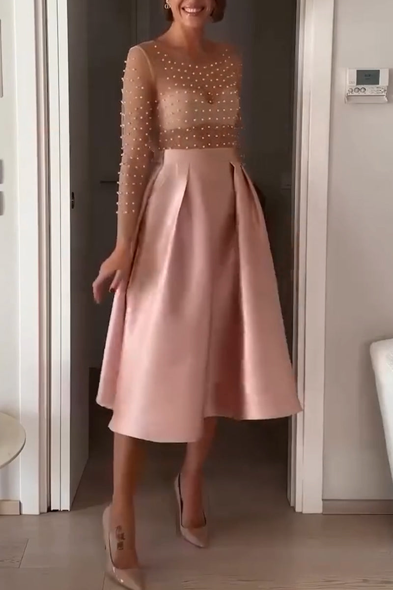 Women's Elegant Casual U-neck Nail Bead See Through Top or Satin Skirt