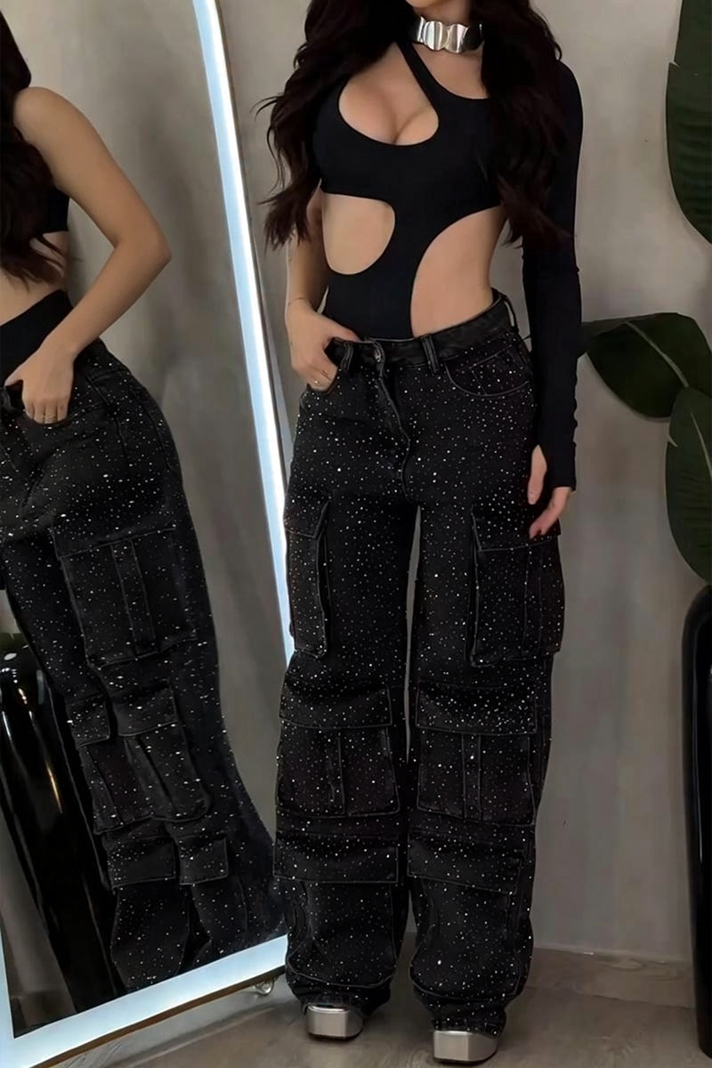 Women's Fashion Shiny Rhinestone Cargo Jeans